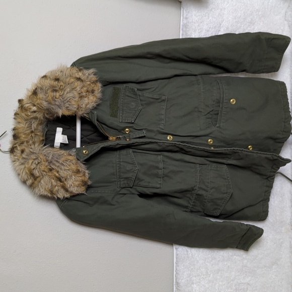 H&M Army Green Coat Faux Fur Collar Womens 0 Olive Green Jacket - Picture 14 of 15